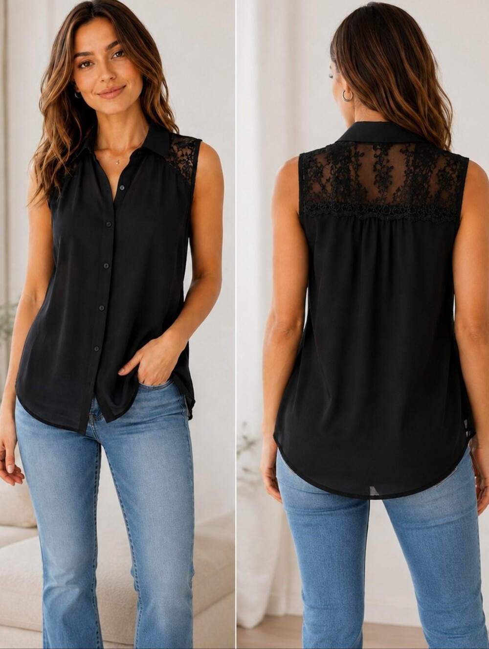 Philosophy | Black Sleeveless Lace Shoulder Button-Front Blouse, Size S